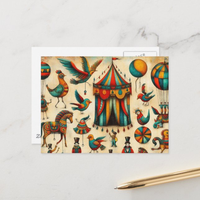 Carte Postale Collage Tente Birds Circus vintage (Devant/Arrière en situation)