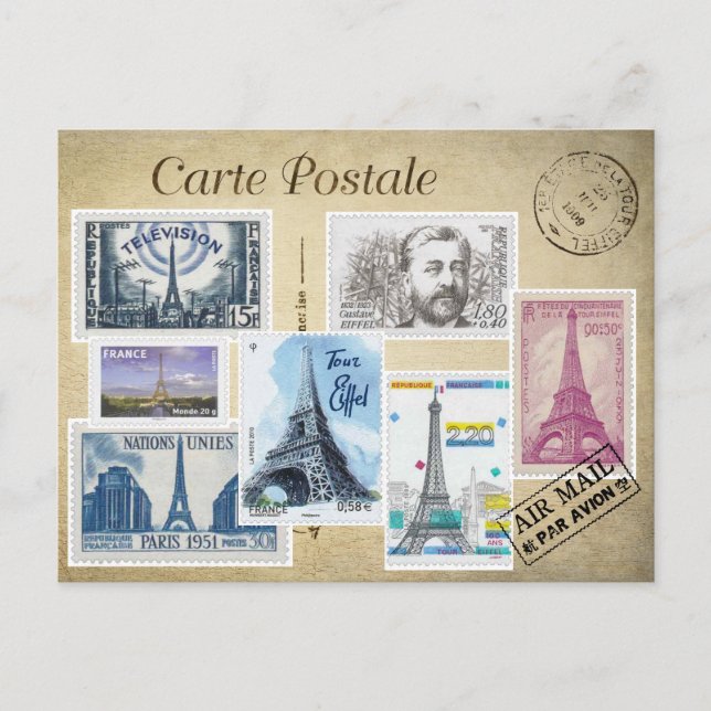 Carte Postale Collage timbres Tour Eiffel (Devant)
