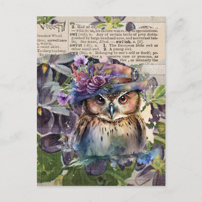 Carte postale Collage Vintage Chouette Aquarelle (Devant)