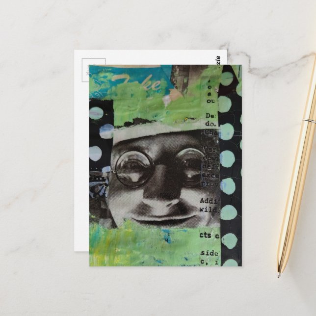 Carte Postale Collage visage noir et blanc à pois (Devant/Arrière en situation)