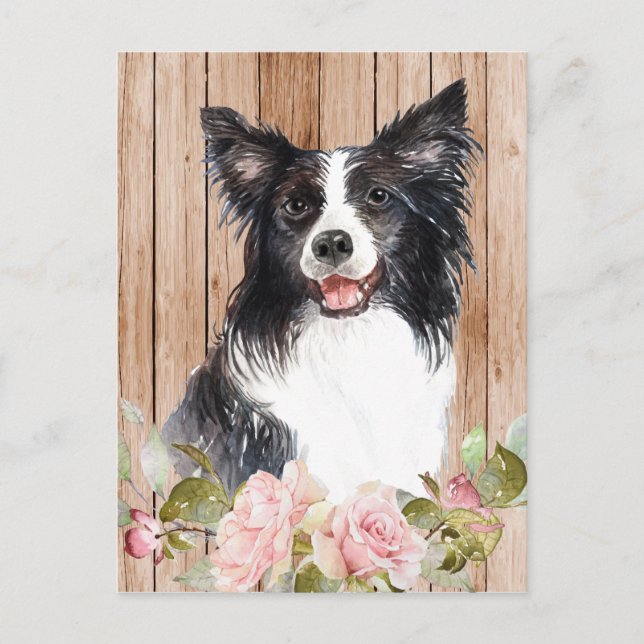 Carte Postale Collie de Border aquarelle & fleurs (Devant)