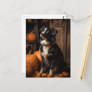 Carte Postale Collie de frontière d'automne et citrouilles