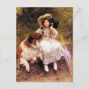 Carte postale : Collie Dog, Girl and Cat