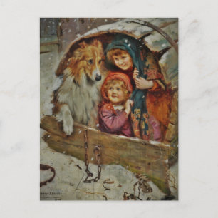 Carte Postale Collie et les enfants dans la niche