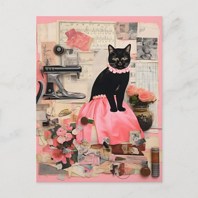 Carte Postale Collier de chat noir Retro Collage (Devant)