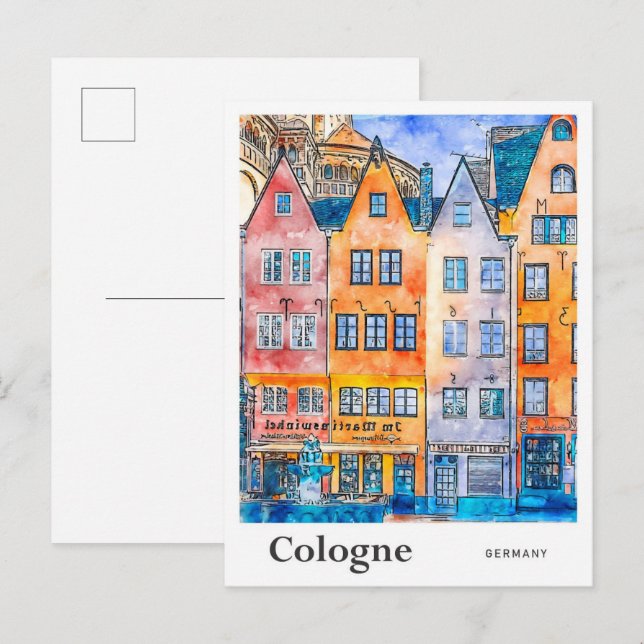 Carte Postale Cologne Allemagne Voyage Aquarelle main tiré (Devant / Derrière)