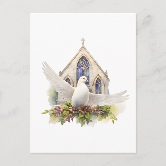 Carte Postale Colombe blanche avec église (Devant)