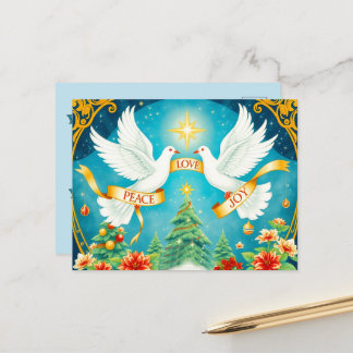 Carte Postale Colombes de Noël, Sapin de Noël, Amour,Paix, Joie