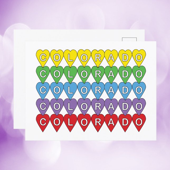 Carte Postale Colorado Coeurs US Colorful (A postcard with the US state of Colorado in yellow, green, blue, purple and red hearts)