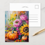 Carte Postale Coloré Automne Floral et Citrouille<br><div class="desc">Une peinture abstraite moderne et vibrante qui présente un agencement ludique de citrouilles, de tournesols et d'autres feuillages d'automne. Les tons d'automne riches comme l'orange brûlée, les rouges profonds, les roses et les jaunes dorés se marient avec des touches douces et des éclats de couleur audacieux. Le style abstrait ajoute...</div>