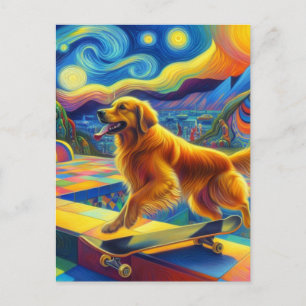 Carte Postale Coloré Golden Retriever Skateboard Van Gogh