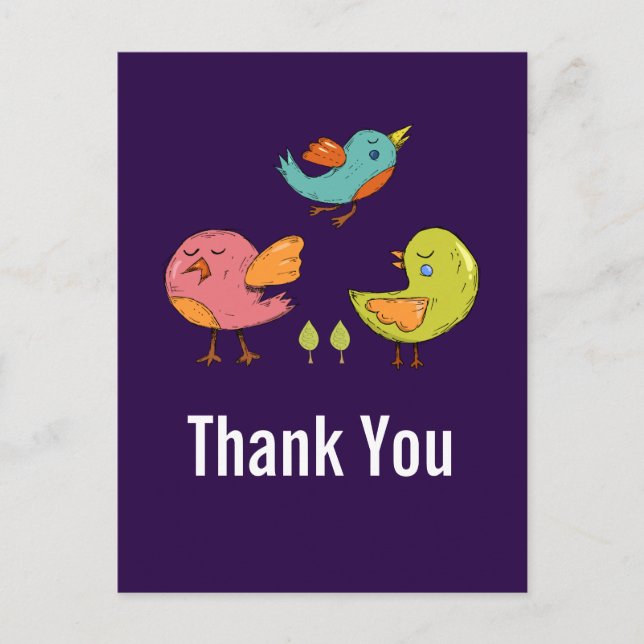 Carte Postale Coloré mignon Oiseaux Whimsical Merci (Devant)
