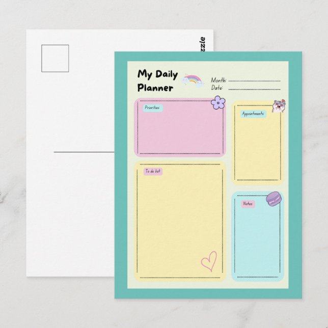 Carte Postale Coloré Pastel Kawaii Cute Daily Planner (Devant / Derrière)