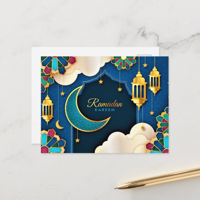 Carte Postale Coloré Ramadan Kareem Gold Crescent (Devant/Arrière en situation)