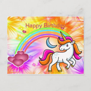 Carte Postale Coloré, Unicorne, Arc-en-ciel, Coeurs, Anniversair