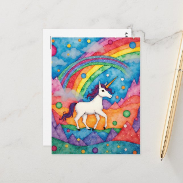 Carte Postale Colorful Childlike Fantasy Unicorn (Devant/Arrière en situation)