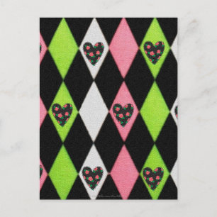 Carte Postale Colorful harlequin Print with Rose Hearts
