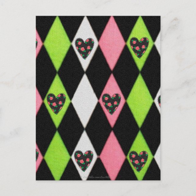 Carte Postale Colorful harlequin Print with Rose Hearts (Devant)