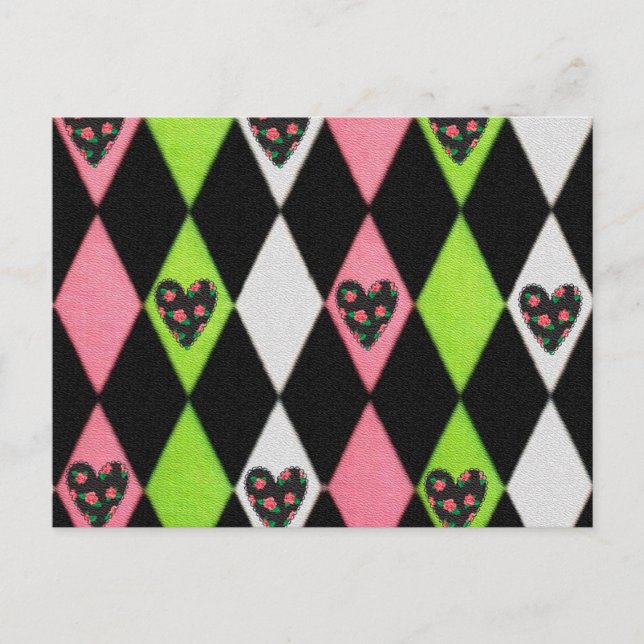 Carte Postale Colorful harlequin Print with Rose Hearts (Devant)