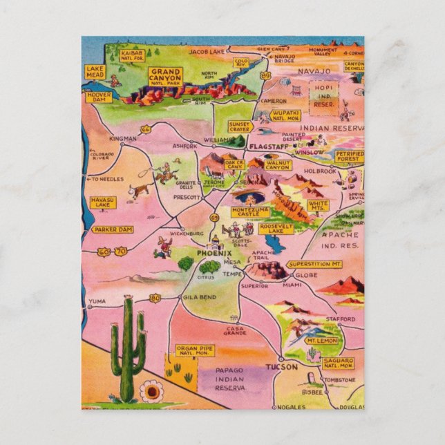 Carte Postale Colorful Illustrated Arizona Map Postcard (Devant)
