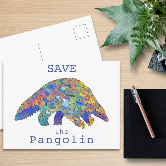 Carte Postale Colorful Save the Pangolin Endangered Animal Art (Save the pangolin slogan and cute colorful wild animal art postcard)