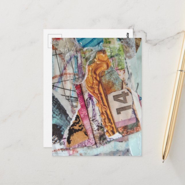 Carte Postale Colorful unique abstract mixed media collage 14 (Devant/Arrière en situation)