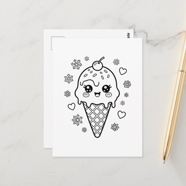 Carte Postale Coloriage cône de glace mignon kawaii (Devant/Arrière en situation)