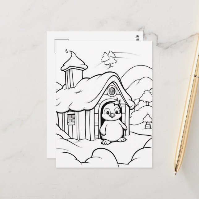 Carte Postale Coloriage des enfants de pingouins (Devant/Arrière en situation)