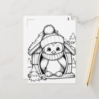 Carte Postale Coloriage enfants manchots festifs