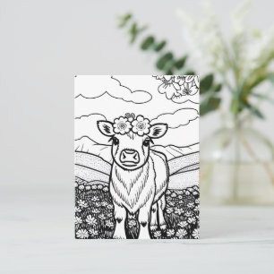 Carte Postale Colorie toi-même! Veau de vache des Highlands dans