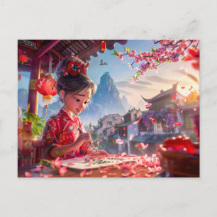 Carte Postale Comic Girl Writing Calligraphy en mai