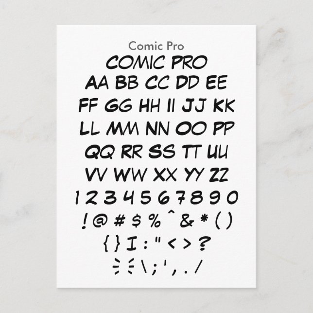Carte Postale Comic Pro - Feuille d'échantillonnage de police Za (Devant)