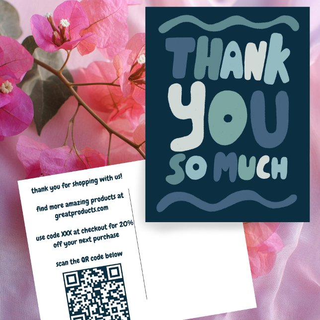 Carte Postale Commande MERCI Blue Curvy Bulles Lettres Personnal (Order THANK YOU Blue Curvy Bubble letters Custom QR Code Customer Gratitude Packaging Postcard
)