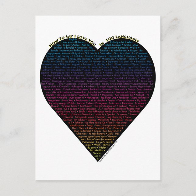 Carte Postale Comment dire I Love You dans 100 langues différent (Devant)