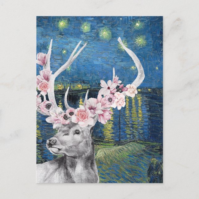 Carte Postale Compilation de Van Gogh Nuit étoilée et cerf flora (Devant)
