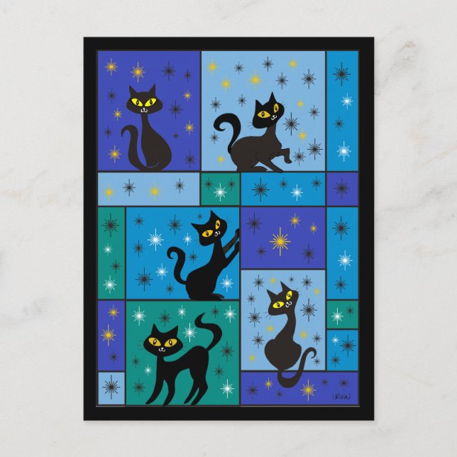 Carte Postale Composition avec 5 chats noirs couleurs bleu minui (Devant)