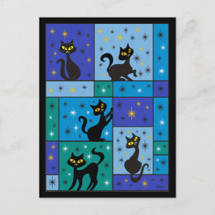 Carte Postale Composition avec 5 Chats noirs Couleurs Bleues min