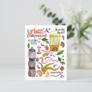 Carte Postale Compostage aquarelle Art éco-recyclé