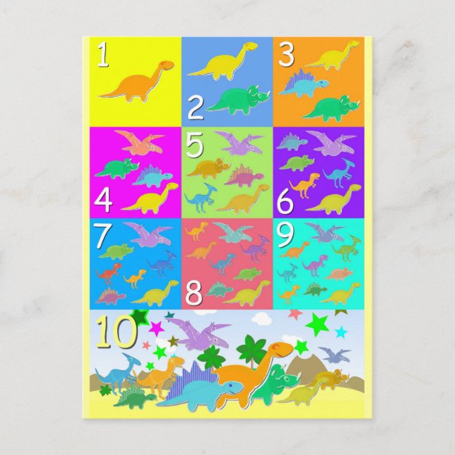 Carte Postale Comptons avec des dinosaures numéros 1 à 10 (Devant)