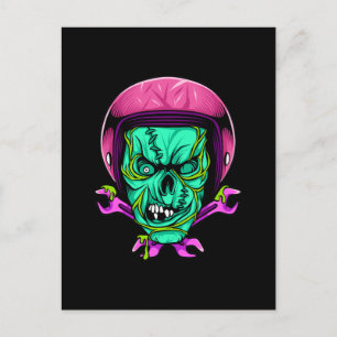 Carte Postale Conception de casque de biker crâne de zombie néon