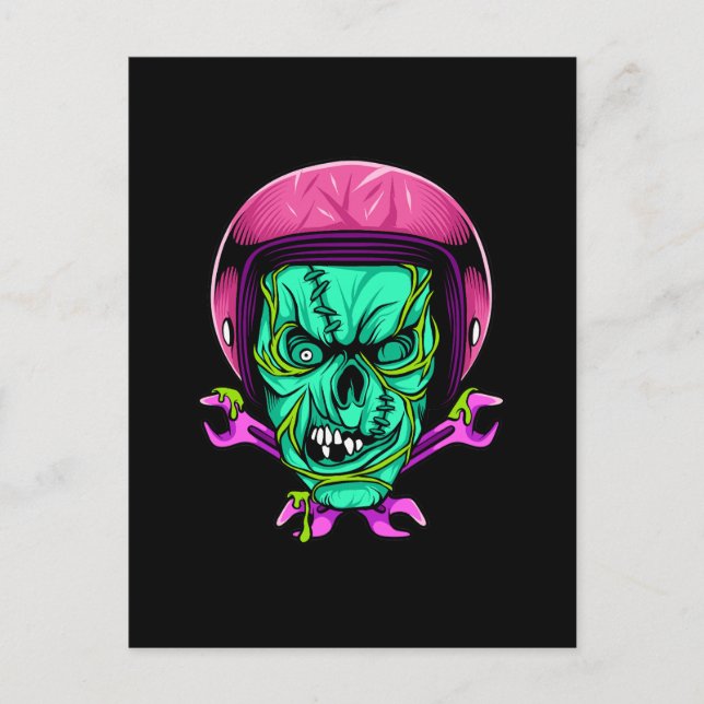 Carte Postale Conception de casque de biker crâne de zombie néon (Devant)