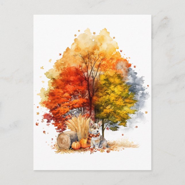 Carte Postale Conception de chien d'automne à l'aquarelle - Corg (Devant)