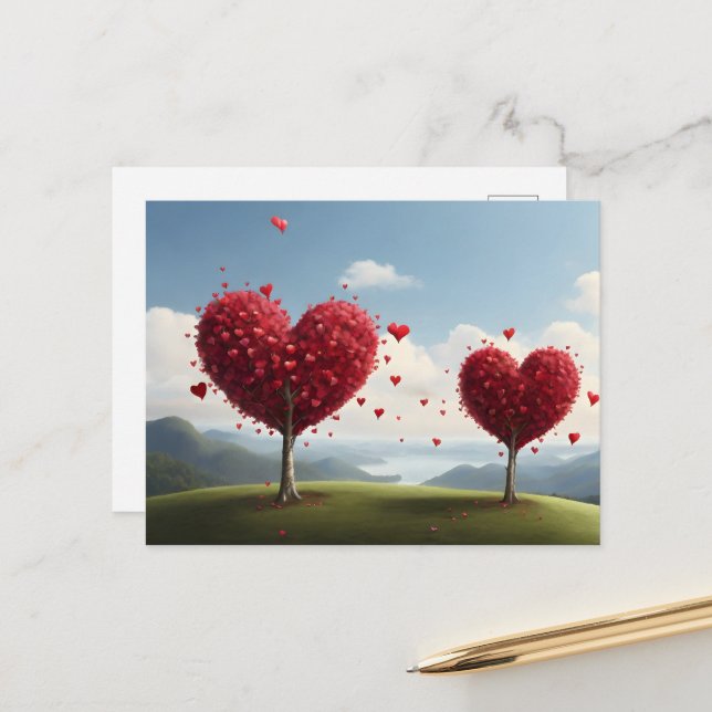 Carte Postale Conception de la Saint Valentin, Coeur sur les arb (Devant/Arrière en situation)