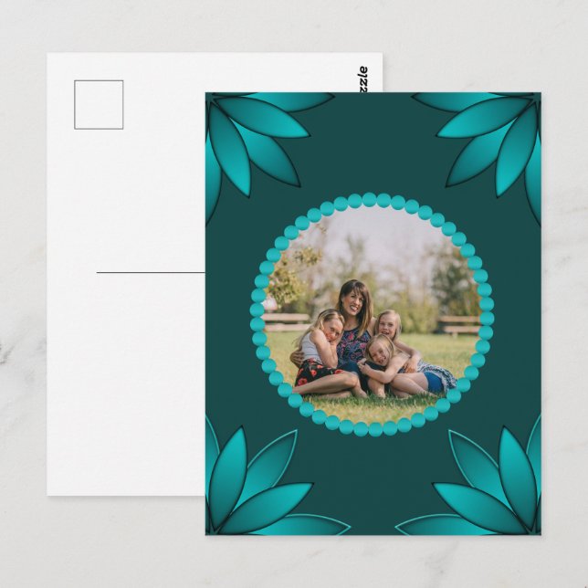 Carte Postale Conception de mandala à feuilles sarcelles sur fon (Devant / Derrière)