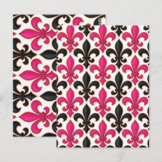 Carte Postale Conception de motif baroque fleur de lis noir rose (Devant / Derrière)