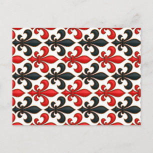 Carte Postale Conception de motif baroque fleur de lis noir roug