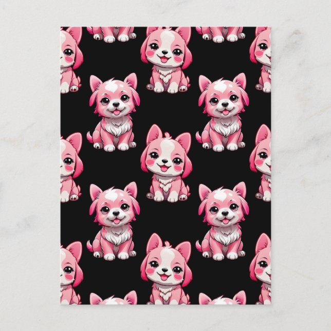 Carte Postale Conception de motif de chiot rose - Noir  (Devant)
