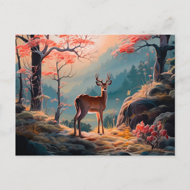 Carte Postale Conception de scène forestière enchantée avec cerf (Devant)
