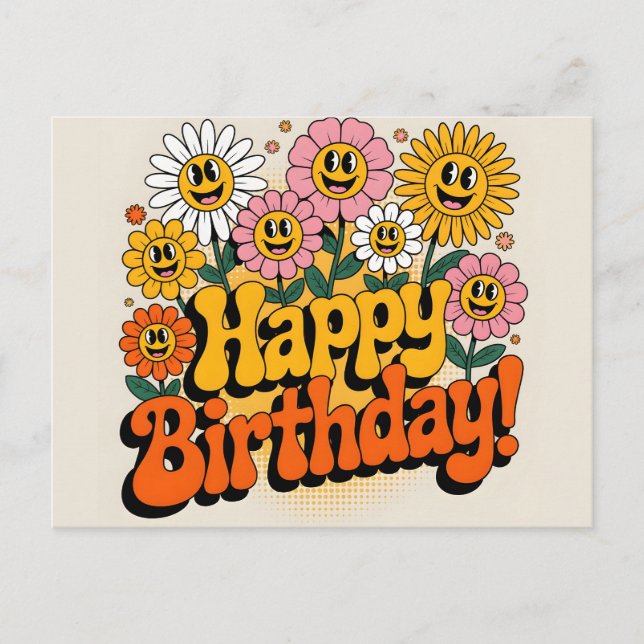Carte Postale Conception florale rétro groovy joyeux anniversair (Devant)