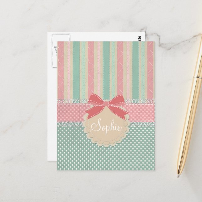 Carte Postale Conception jolie pastel à pois et à rayures (Devant/Arrière en situation)
